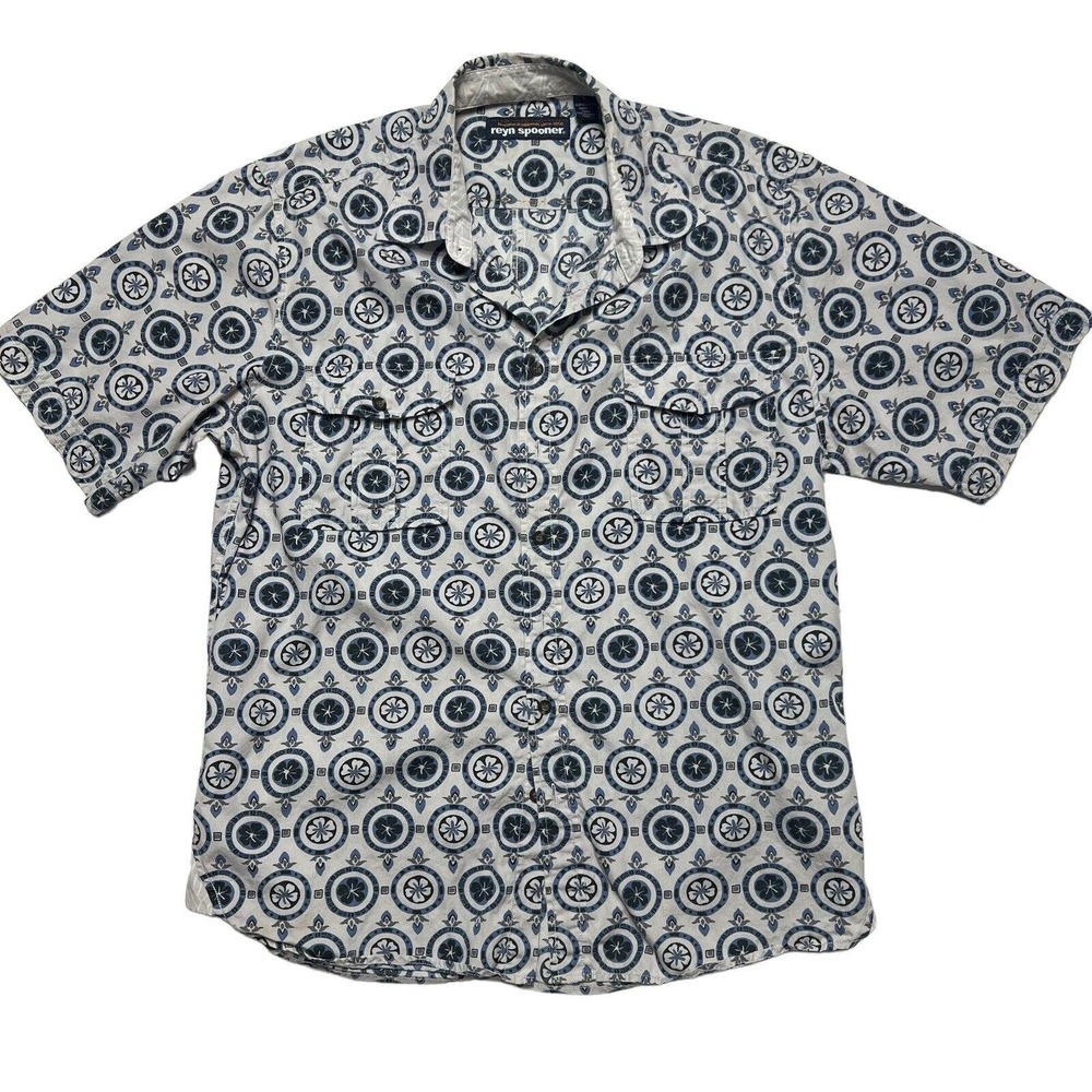 Reyn Spooner Mens Large Blue Palekaula Silver Button down Short Sleeve Shirt